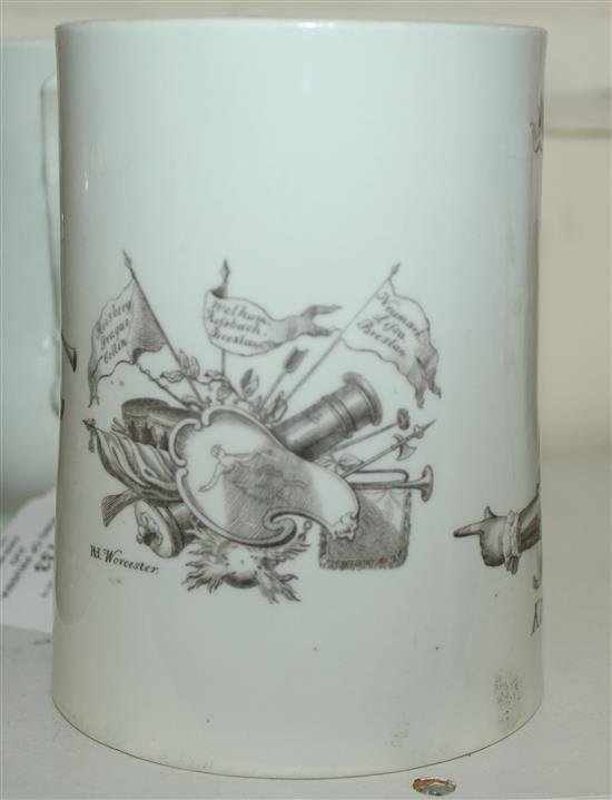 A large Worcester black printed King of Prussia waisted cylindrical mug, dated 1757, 5.6in.